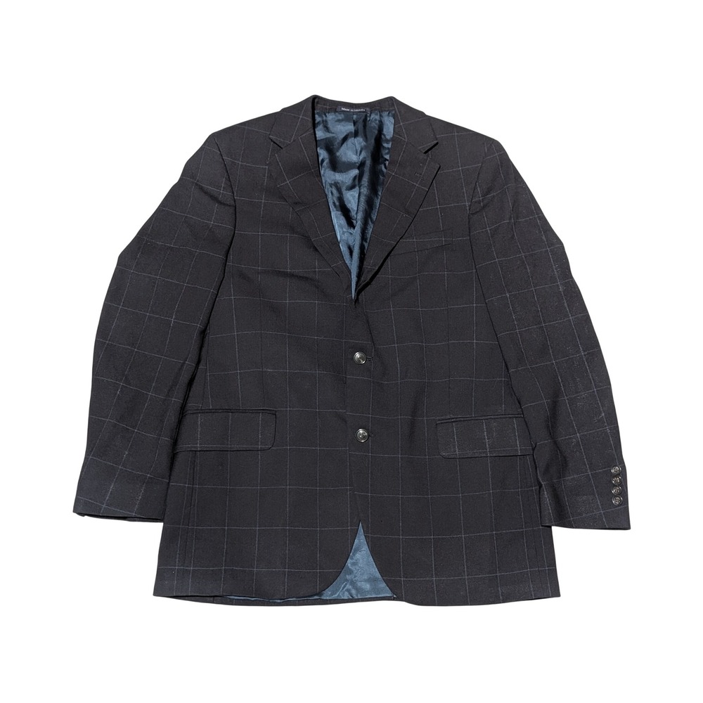 Lands End Sport Coat Mens 40 Reg Navy Windowpane Wool Blazer Vintage Two Button
